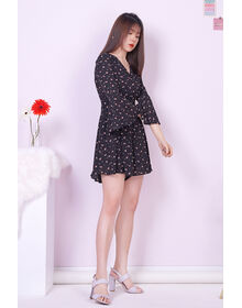 Fine Bell Sleeve Floral Print Ruched Playsuit (Black)